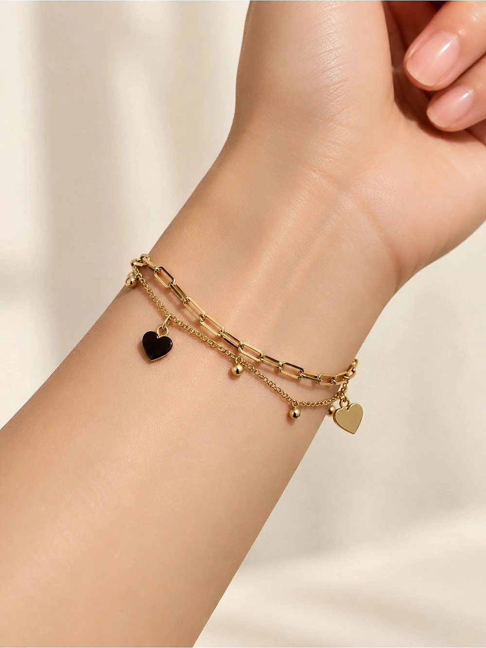 Layered Heart Charm Bracelet in Gold Steel 316L